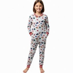 Holiday Onsie Footless Full Piece Pajamas Size Youth Large 10/12 Unisex Grey Red